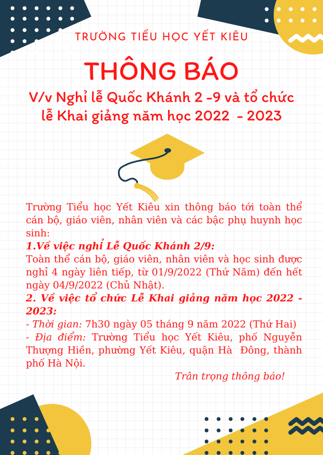 Xanh dương Vàng Trắng Vui tươi Thông báo Tốt nghiệp