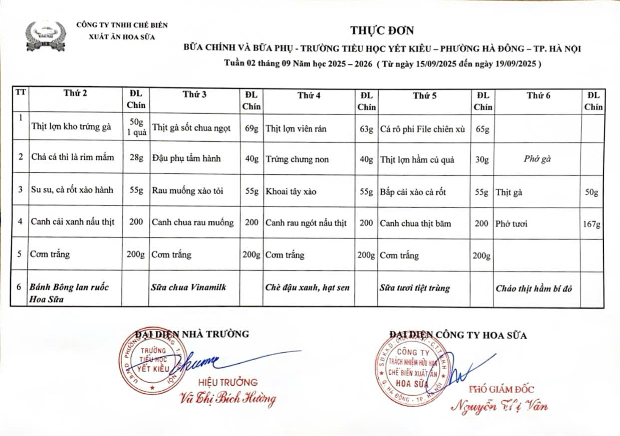 THỰC ĐƠN BỮA CHÍNH VÀ BỮA PHỤ TRƯỜNG TIỂU HỌC YẾT KIÊU TUẦN 2 THÁNG 9 NĂM HỌC 2025 - 2026