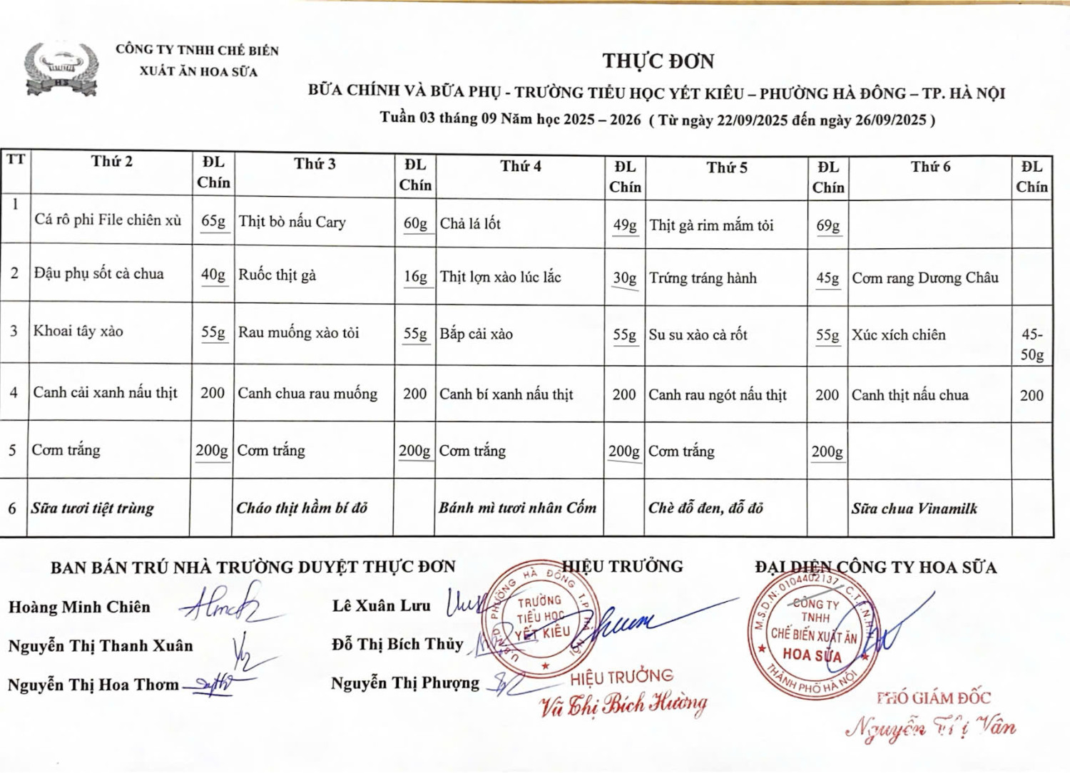 THỰC ĐƠN BỮA CHÍNH VÀ BỮA PHỤ TRƯỜNG TIỂU HỌC YẾT KIÊU TUẦN 3 THÁNG 9 NĂM HỌC 2025 - 2026