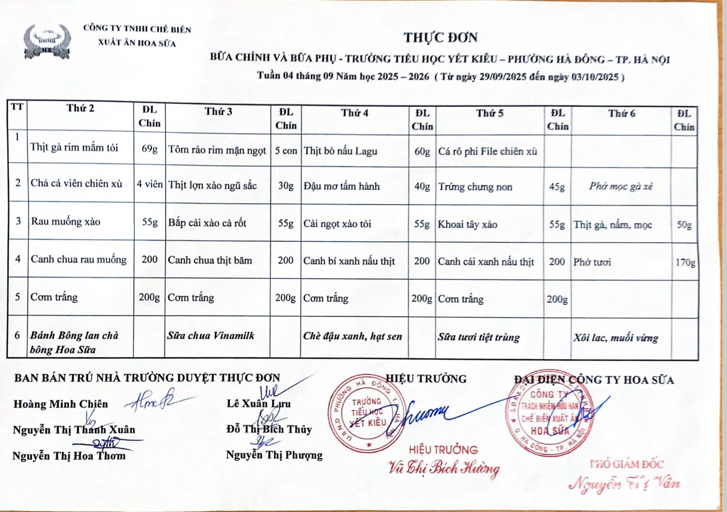 THỰC ĐƠN BỮA CHÍNH VÀ BỮA PHỤ TRƯỜNG TIỂU HỌC YẾT KIÊU TUẦN 4 THÁNG 9 NĂM HỌC 2025 - 2026