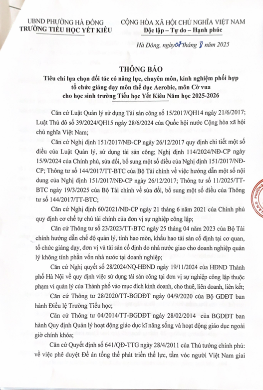 THỐNG BÁO LỰA CHỌN ĐỐI TÁC GIẢNG DẠY MÔN AEROBIC, CỜ VUA