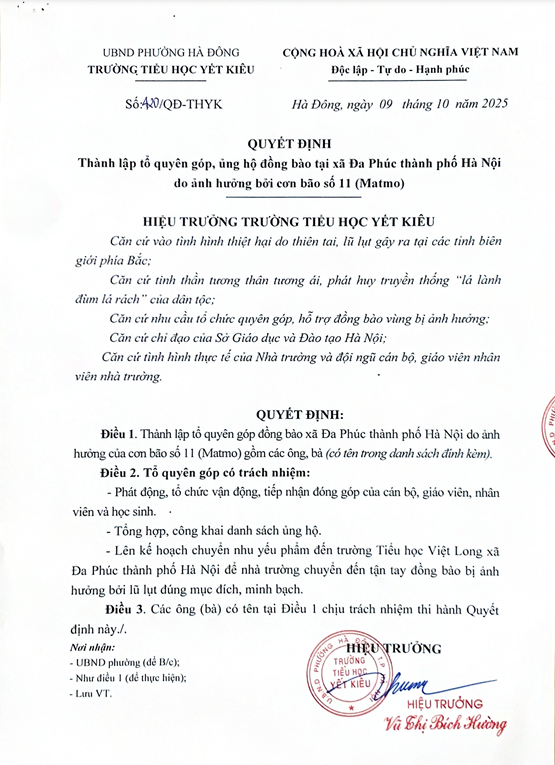 QUYẾT ĐỊNH THÀNH LẬP TỔ QUYÊN GÓP ỦNG HỘ ĐỒNG BÀO XÃ ĐA PHÚC BỊ ẢNH HƯỞNG BỞI BÃO SỐ 11 - MATMO