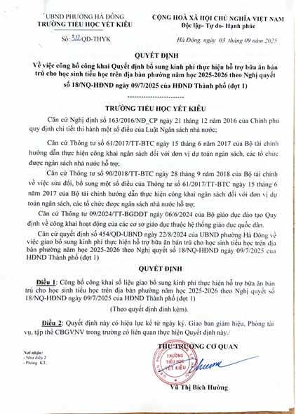 QUYẾT ĐỊNH BỔ SUNG KINH PHÍ HỖ TRỢ BỮA ĂN BÁN TRÚ HỌC SINH TIỂU HỌC NĂM HỌC 2025 - 2026 (ĐỢT 1) THEO NQ 18/NQ-HDND, TP HÀ NỘI