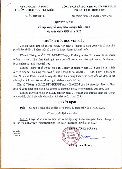 QUYẾT ĐỊNH CÔNG KHAI SỐ LIỆU ĐIỀU CHỈNH DỰ TOÁN CHI NSNN NĂM 2025