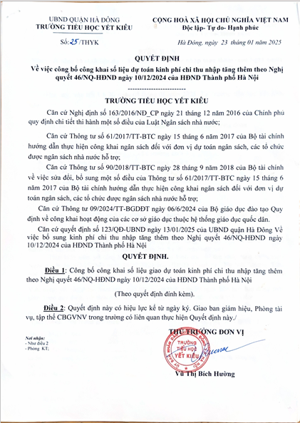 QUYẾT ĐỊNH CÔNG KHAI DỰ TOÁN KINH PHÍ CHI THU NHẬP TĂNG THÊM  THEO NQ 46/NQ-HĐND (10/12/2024), TP HÀ NỘI
