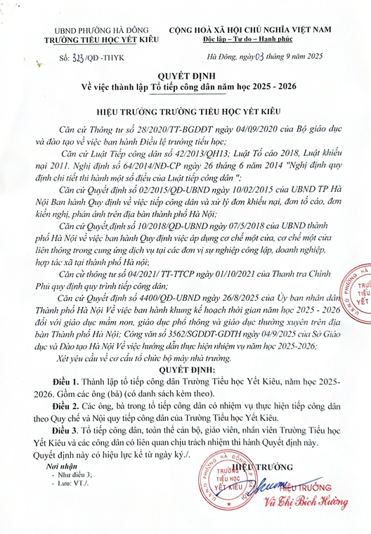 QUYẾT ĐỊNH VỀ VIỆC THÀNH LẬP TỔ TIẾP CÔNG DÂN NĂM HỌC 2025 - 2026