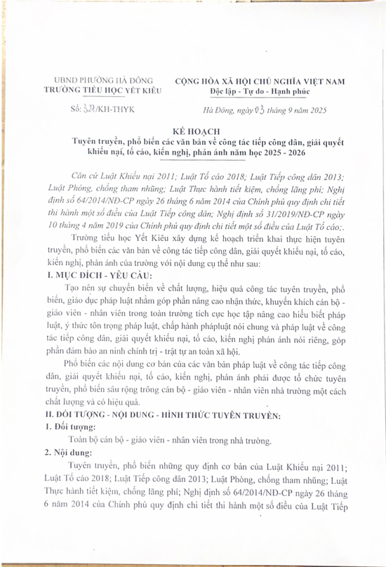KẾ HOẠCH TUYÊN TRUYỀN CÔNG TÁC TIẾP CÔNG DÂN NĂM HỌC 2025 - 2026