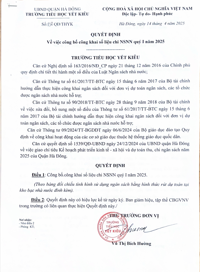 QUYẾT ĐỊNH CÔNG KHAI SỐ LIỆU CHI NSNN QUÝ I NĂM 2025