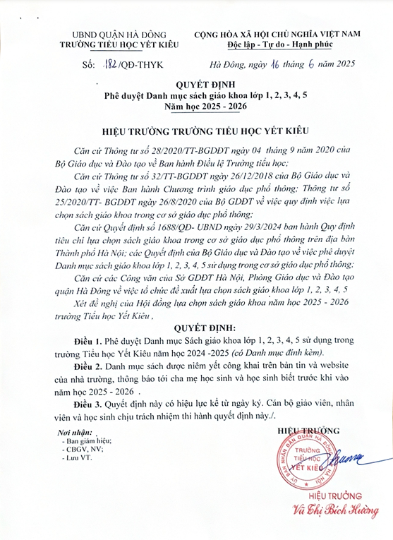 QUYẾT ĐỊNH PHÊ DUYỆT DANH MỤC SGK LỚP 1-5 NĂM HỌC 2025 - 2026
