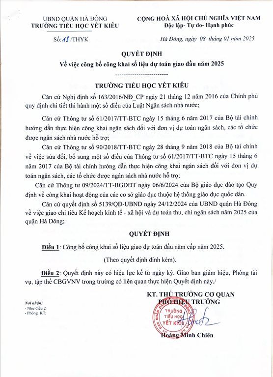 QUYẾT ĐỊNH CÔNG KHAI SỐ LIỆU DỰ TOÁN GIAO ĐẦU NĂM 2025