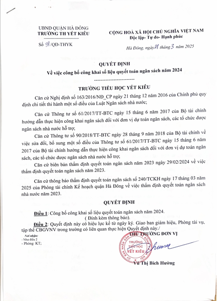 QUYẾT ĐỊNH CÔNG KHAI SỐ LIỆU QUYẾT TOÁN NGÂN SÁCH NĂM 2024