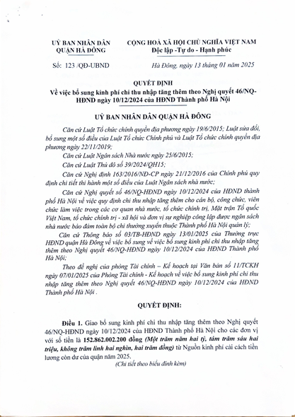 QUYẾT ĐỊNH BỔ SUNG KINH PHÍ CHI THU NHẬP TĂNG THÊM THEO NQ 46/NQ-HĐND (HÀ NỘI, 2024)