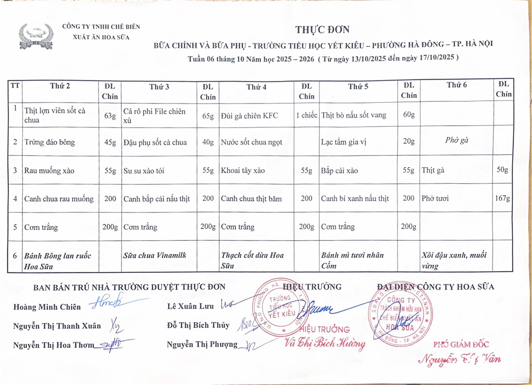 THỰC ĐƠN BỮA CHÍNH VÀ BỮA PHỤ TRƯỜNG TIỂU HỌC YẾT KIÊU TUẦN 6 THÁNG 10 NĂM HỌC 2025 - 2026