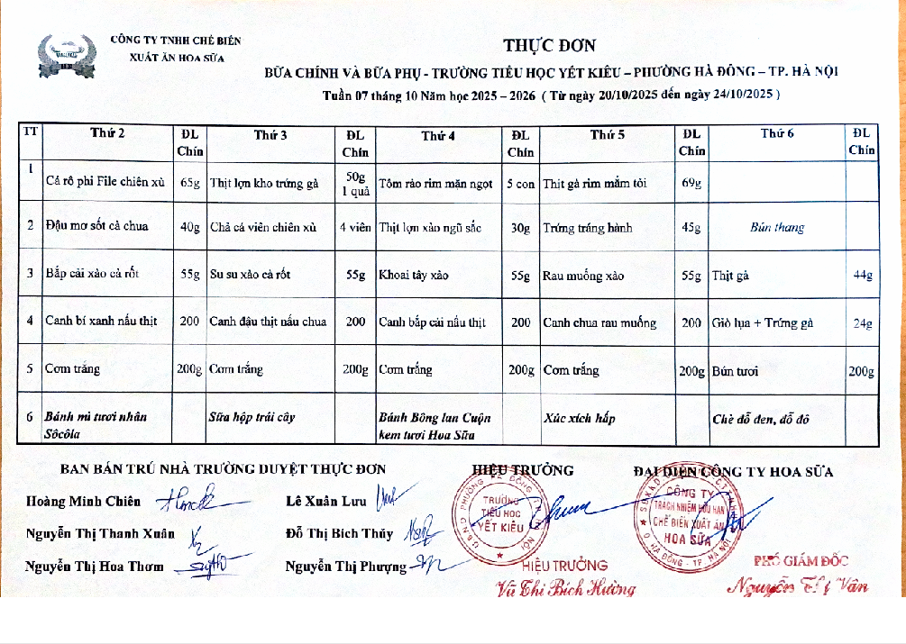 THỰC ĐƠN BỮA CHÍNH VÀ BỮA PHỤ TRƯỜNG TIỂU HỌC YẾT KIÊU TUẦN 7 THÁNG 10 NĂM HỌC 2025 - 2026