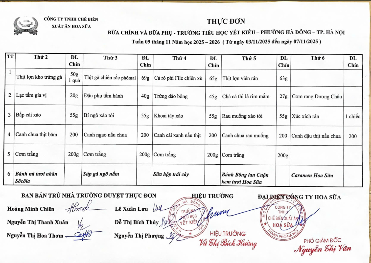 THỰC ĐƠN BỮA CHÍNH VÀ BỮA PHỤ TRƯỜNG TIỂU HỌC YẾT KIÊU TUẦN 9 THÁNG 11 NĂM HỌC 2025 - 2026