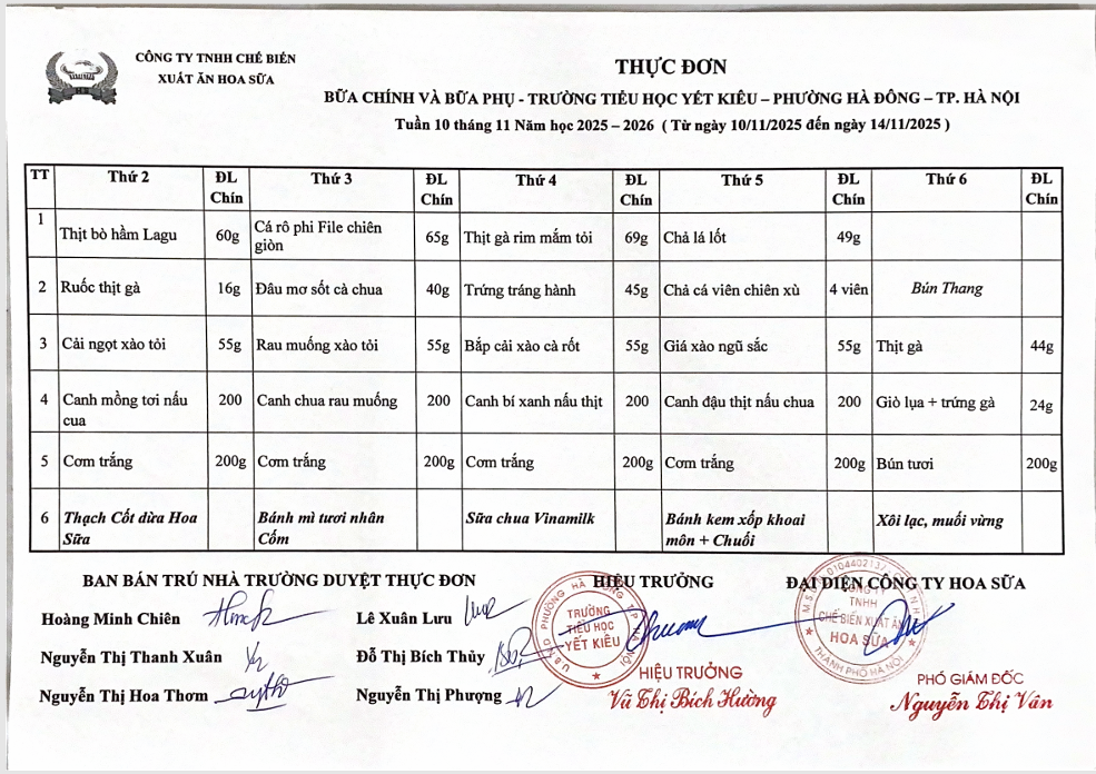 THỰC ĐƠN BỮA CHÍNH VÀ BỮA PHỤ TRƯỜNG TIỂU HỌC YẾT KIÊU TUẦN 10 THÁNG 11 NĂM HỌC 2025 - 2026