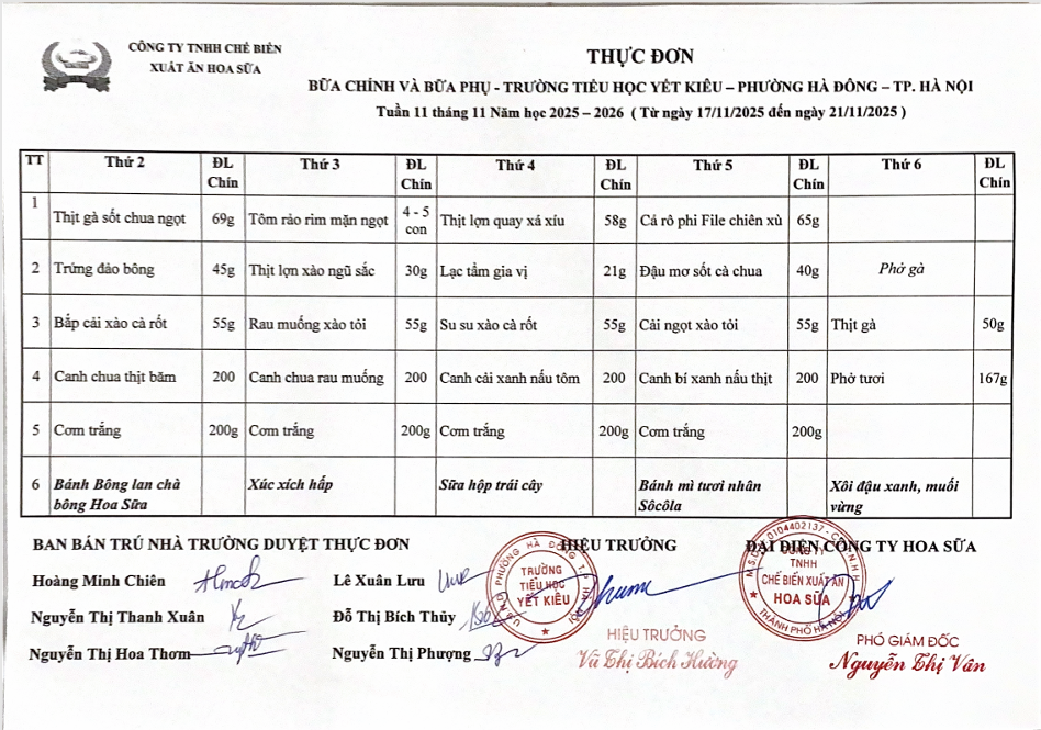 THỰC ĐƠN BỮA CHÍNH VÀ BỮA PHỤ TRƯỜNG TIỂU HỌC YẾT KIÊU TUẦN 11 THÁNG 11 NĂM HỌC 2025 - 2026