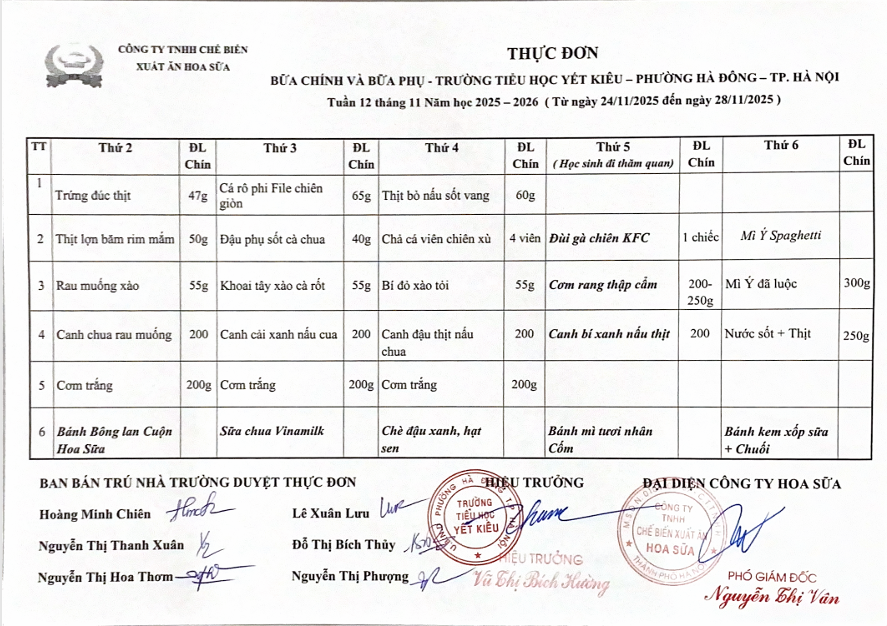 THỰC ĐƠN BỮA CHÍNH VÀ BỮA PHỤ TRƯỜNG TIỂU HỌC YẾT KIÊU TUẦN 12 THÁNG 11 NĂM HỌC 2025 - 2026