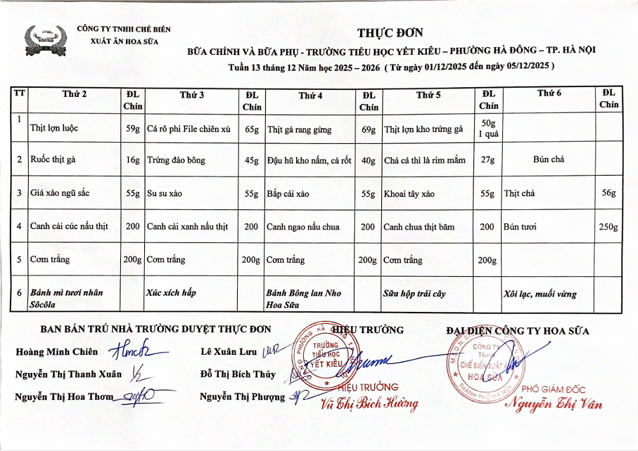 THỰC ĐƠN BỮA CHÍNH VÀ BỮA PHỤ TRƯỜNG TIỂU HỌC YẾT KIÊU TUẦN 13 THÁNG 12 NĂM HỌC 2025 - 2026