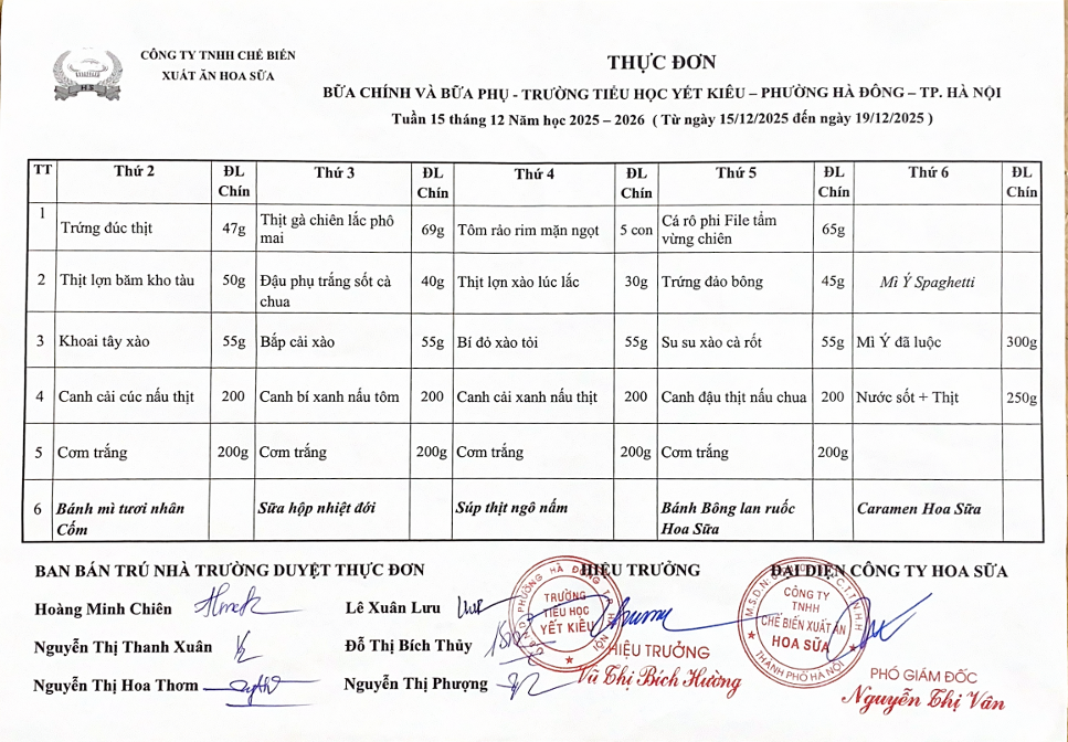 THỰC ĐƠN BỮA CHÍNH VÀ BỮA PHỤ TRƯỜNG TIỂU HỌC YẾT KIÊU TUẦN 15 THÁNG 12 NĂM HỌC 2025 - 2026