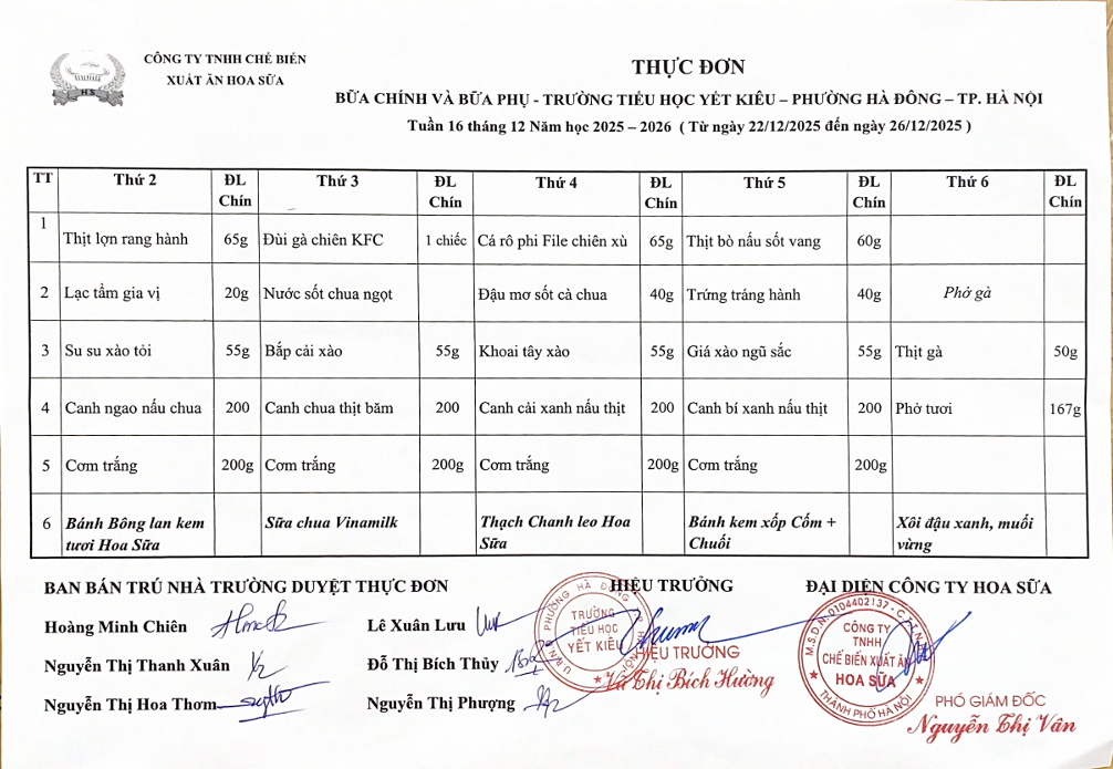 THỰC ĐƠN BỮA CHÍNH VÀ BỮA PHỤ TRƯỜNG TIỂU HỌC YẾT KIÊU TUẦN 16 THÁNG 12 NĂM HỌC 2025 - 2026