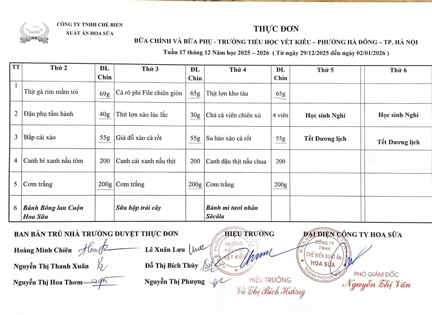 THỰC ĐƠN BỮA CHÍNH VÀ BỮA PHỤ TRƯỜNG TIỂU HỌC YẾT KIÊU TUẦN 17 THÁNG 12 NĂM HỌC 2025 - 2026