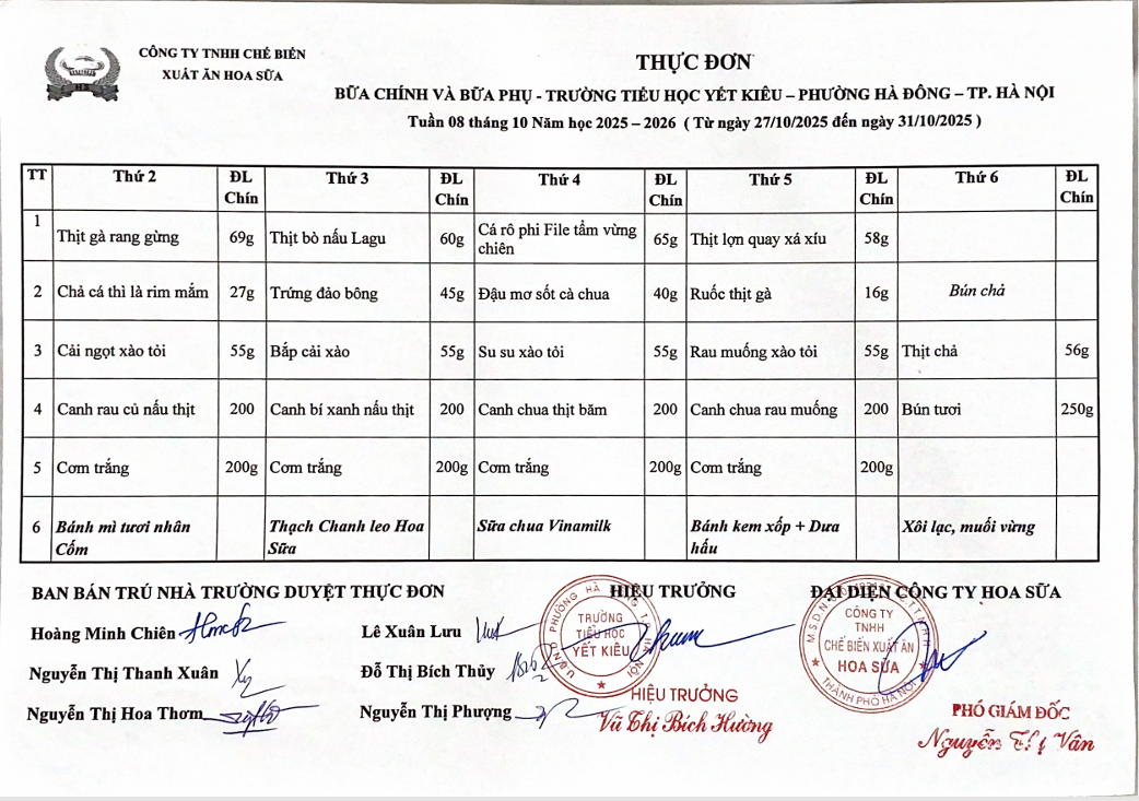 THỰC ĐƠN BỮA CHÍNH VÀ BỮA PHỤ TRƯỜNG TIỂU HỌC YẾT KIÊU TUẦN 8 THÁNG 10 NĂM HỌC 2025 - 2026