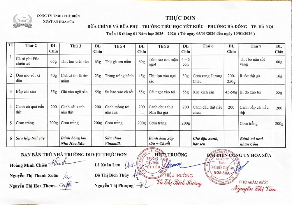 THỰC ĐƠN BỮA CHÍNH VÀ BỮA PHỤ TRƯỜNG TIỂU HỌC YẾT KIÊU TUẦN 18 THÁNG 1 NĂM HỌC 2025 - 2026
