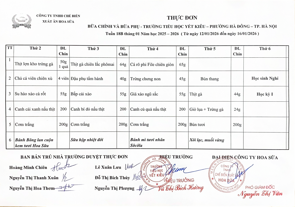 THỰC ĐƠN BỮA CHÍNH VÀ BỮA PHỤ TRƯỜNG TIỂU HỌC YẾT KIÊU TUẦN 18B THÁNG 1 NĂM HỌC 2025 - 2026