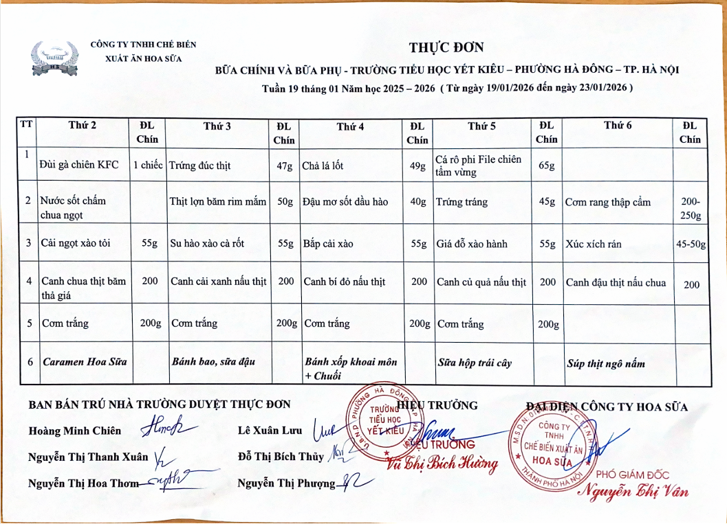 THỰC ĐƠN BỮA CHÍNH VÀ BỮA PHỤ TRƯỜNG TIỂU HỌC YẾT KIÊU TUẦN 19 THÁNG 1 NĂM HỌC 2025 - 2026