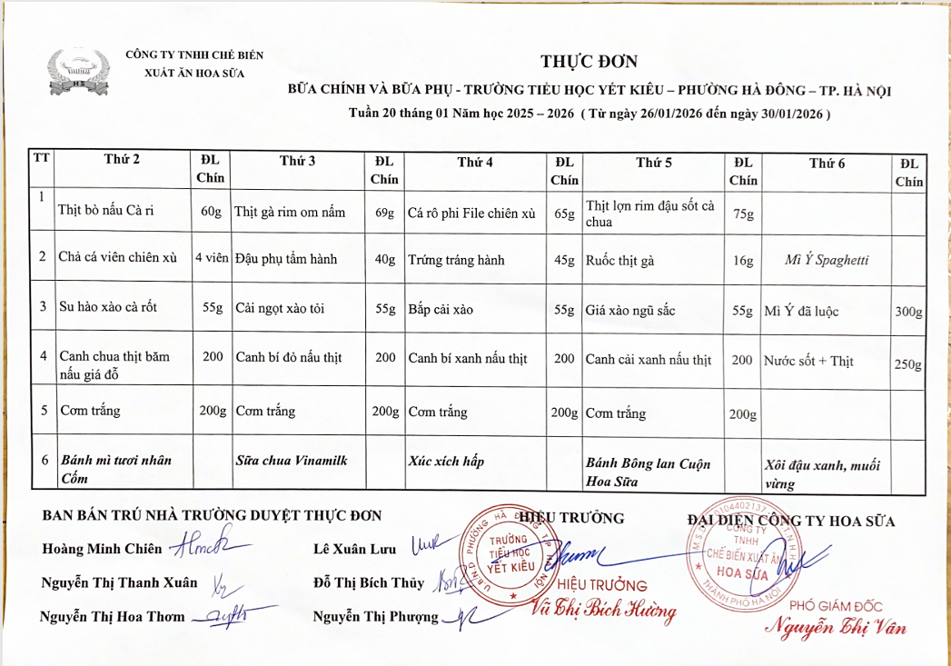 THỰC ĐƠN BỮA CHÍNH VÀ BỮA PHỤ TRƯỜNG TIỂU HỌC YẾT KIÊU TUẦN 20 THÁNG 1 NĂM HỌC 2025 - 2026
