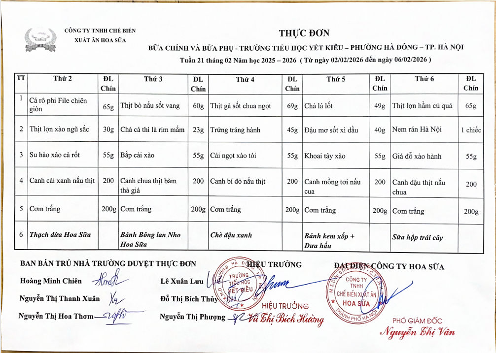 THỰC ĐƠN BỮA CHÍNH VÀ BỮA PHỤ TRƯỜNG TIỂU HỌC YẾT KIÊU TUẦN 21 THÁNG 2 NĂM HỌC 2025 - 2026