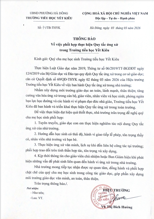 PHỐI HỢP THỰC HIỆN QUY TẮC ỨNG XỬ TRONG TRƯỜNG TIỂU HỌC YẾT KIÊU