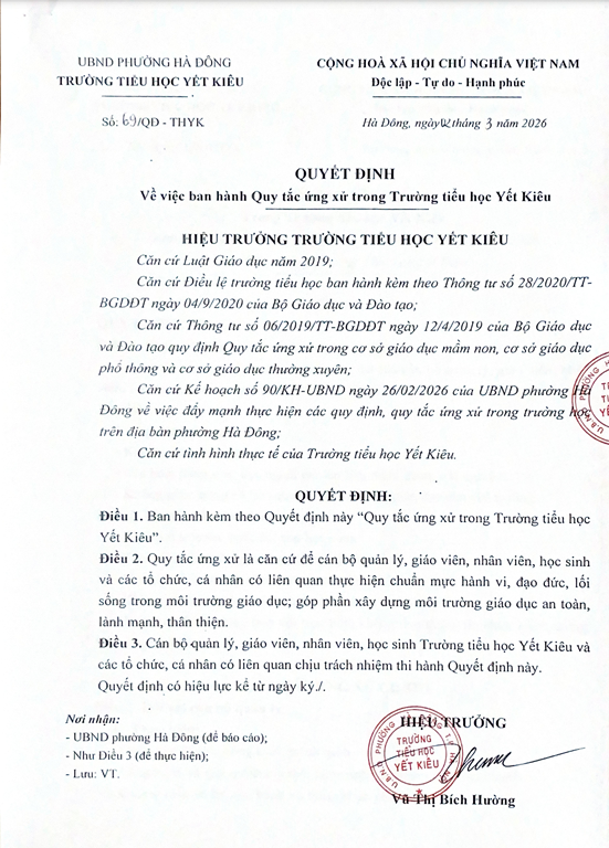 BAN HÀNH QUY TẮC ỨNG XỬ TRONG TRƯỜNG TIỂU HỌC YẾT KIÊU