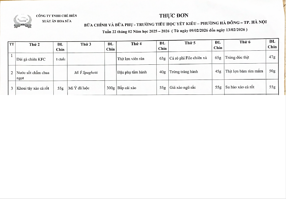 THỰC ĐƠN BỮA CHÍNH VÀ BỮA PHỤ TRƯỜNG TIỂU HỌC YẾT KIÊU TUẦN 22 THÁNG 2 NĂM HỌC 2025 - 2026
