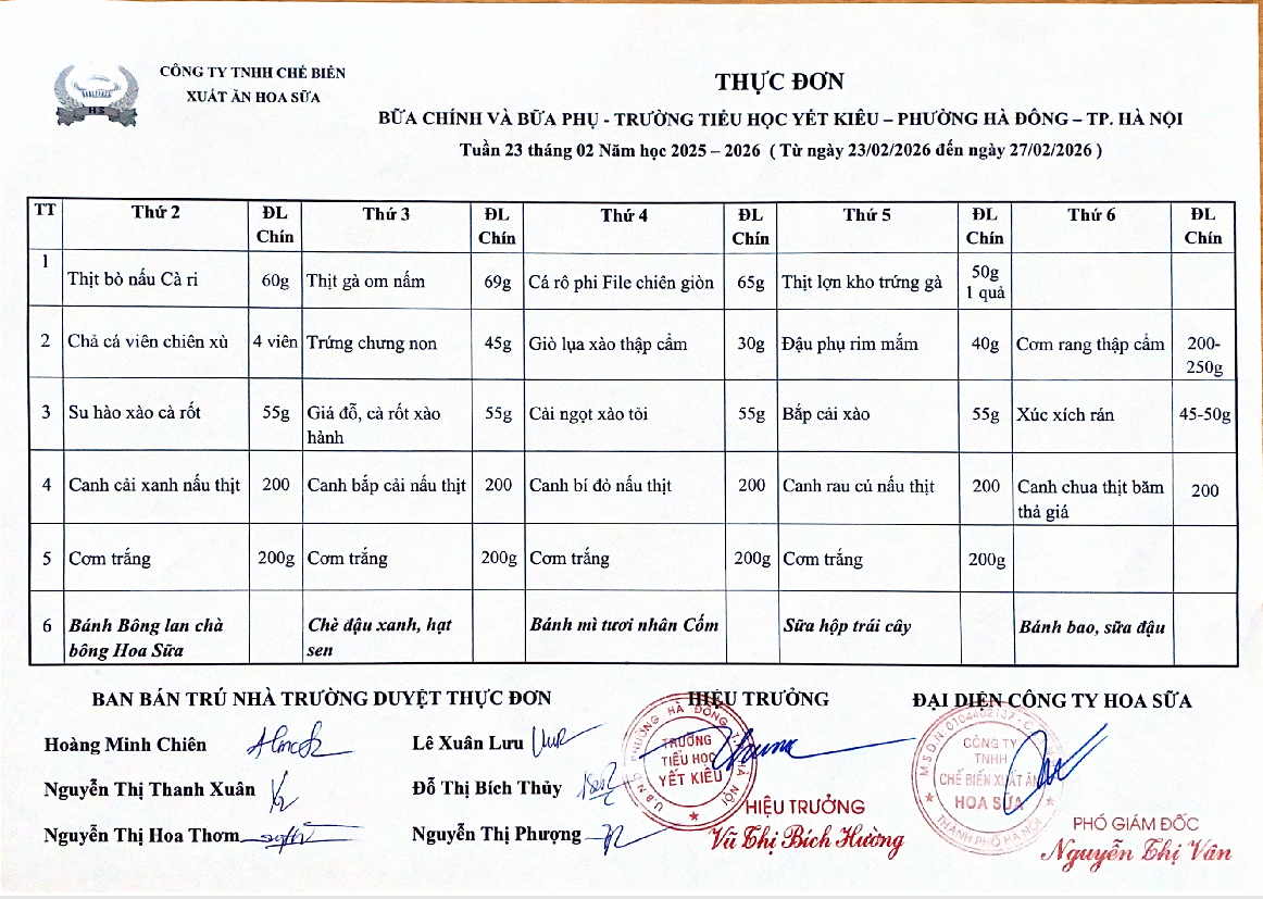 THỰC ĐƠN BỮA CHÍNH VÀ BỮA PHỤ TRƯỜNG TIỂU HỌC YẾT KIÊU TUẦN 23 THÁNG 2 NĂM HỌC 2025 - 2026