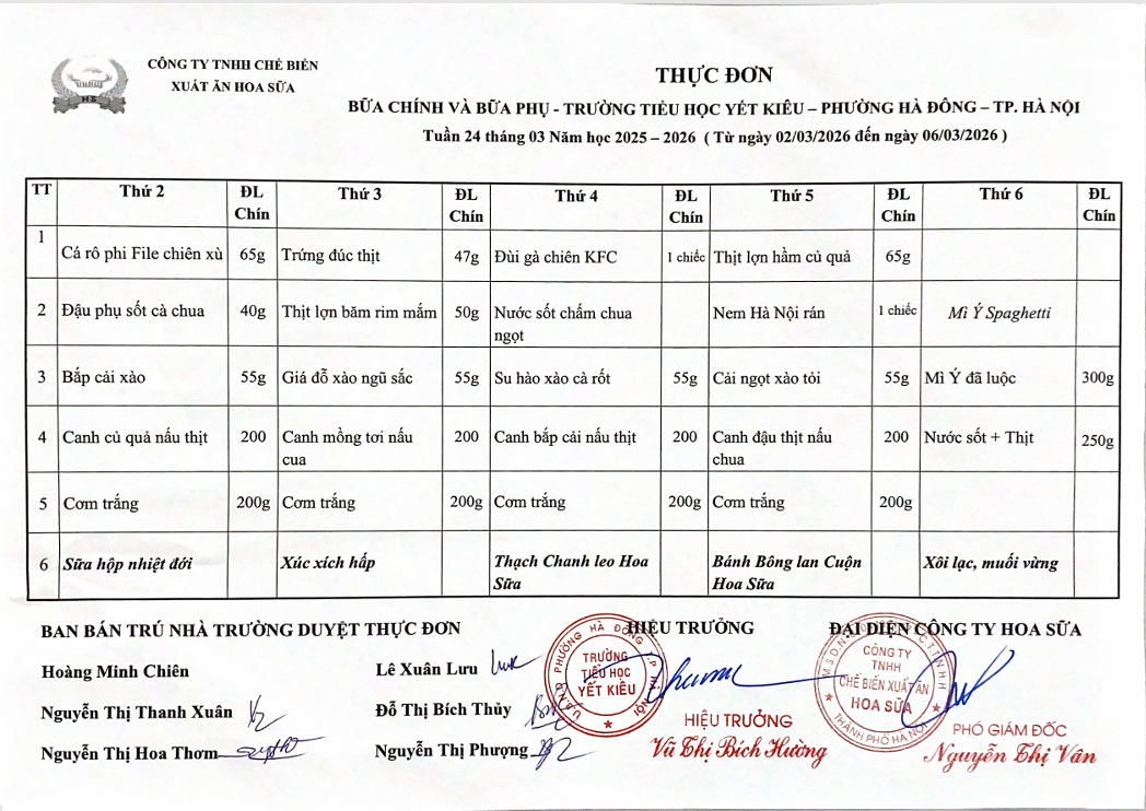 THỰC ĐƠN BỮA CHÍNH VÀ BỮA PHỤ TRƯỜNG TIỂU HỌC YẾT KIÊU TUẦN 24 THÁNG 3 NĂM HỌC 2025 - 2026