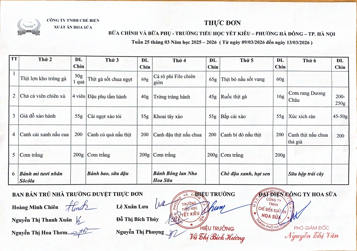 THỰC ĐƠN BỮA CHÍNH VÀ BỮA PHỤ TRƯỜNG TIỂU HỌC YẾT KIÊU TUẦN 25 THÁNG 3 NĂM HỌC 2025 - 2026