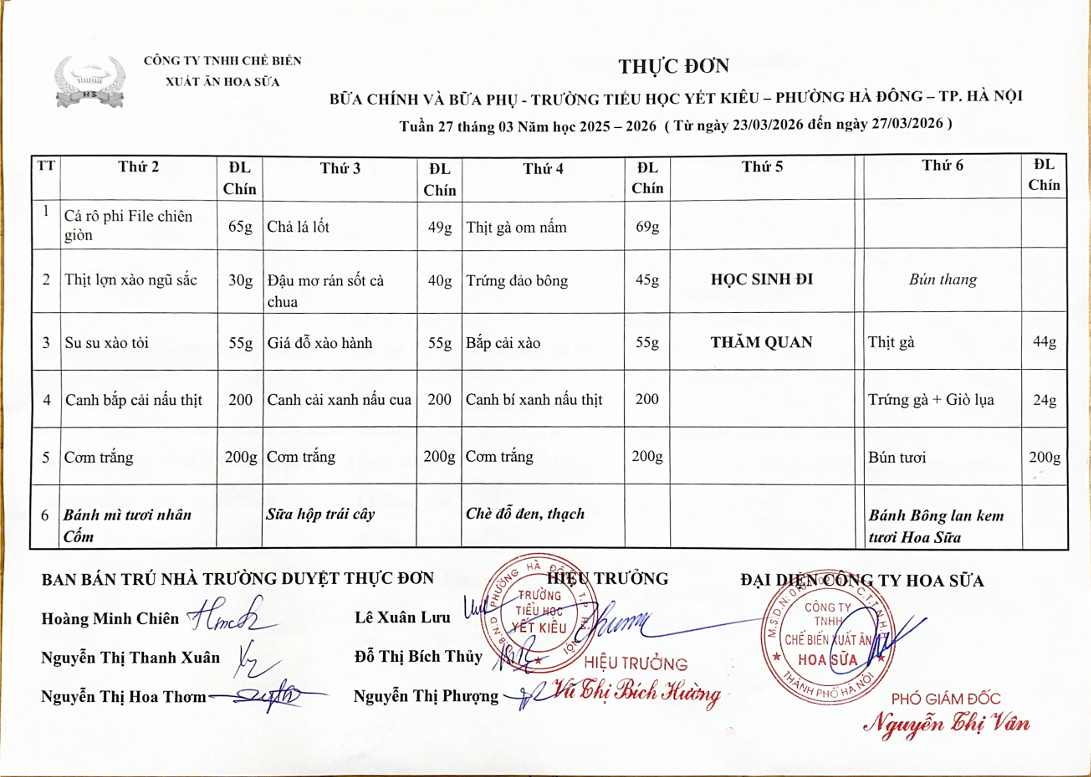 THỰC ĐƠN BỮA CHÍNH VÀ BỮA PHỤ TRƯỜNG TIỂU HỌC YẾT KIÊU TUẦN 27 THÁNG 3 NĂM HỌC 2025 - 2026