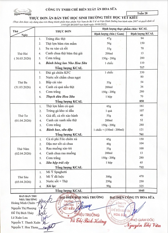 THỰC ĐƠN BỮA CHÍNH VÀ BỮA PHỤ TRƯỜNG TIỂU HỌC YẾT KIÊU TUẦN 28 THÁNG 3 NĂM HỌC 2025 - 2026